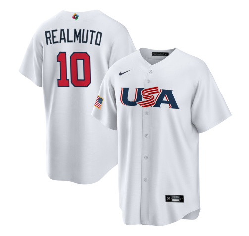 Men's USA Baseball #10 J.T. Realmuto 2023 White World Baseball Classic Replica Stitched Jersey